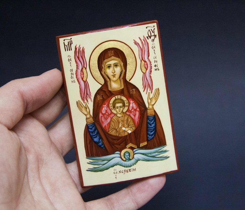 hand painted orthodox christian Virgin Mary icon, The Sing religious painting - 其他 - 環保材質 卡其色