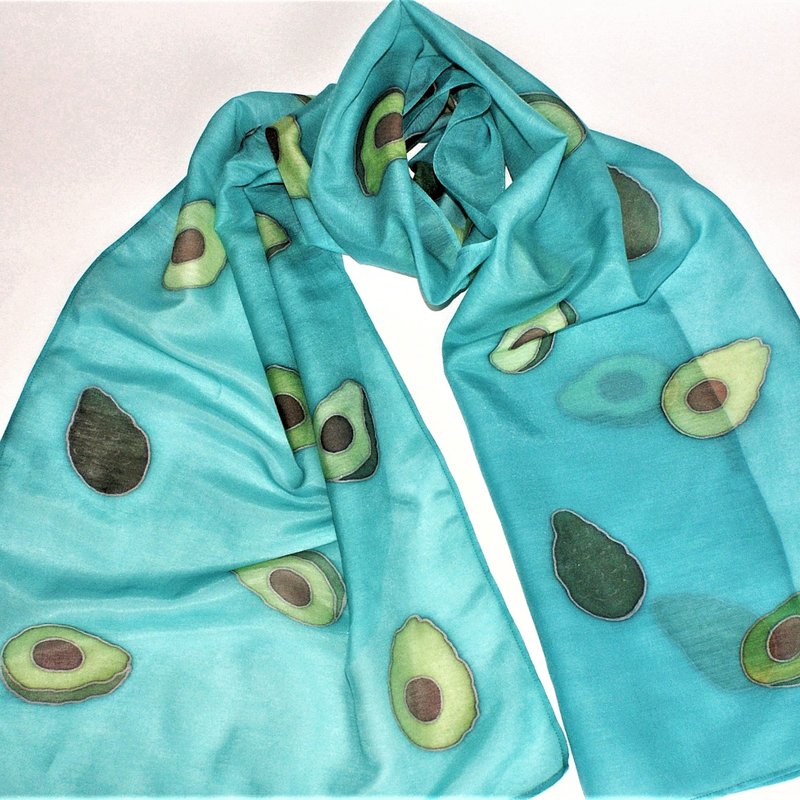 Hand painted scarf Turquoise and green scarf Cotton and silk scarf - 絲巾 - 絲．絹 藍色