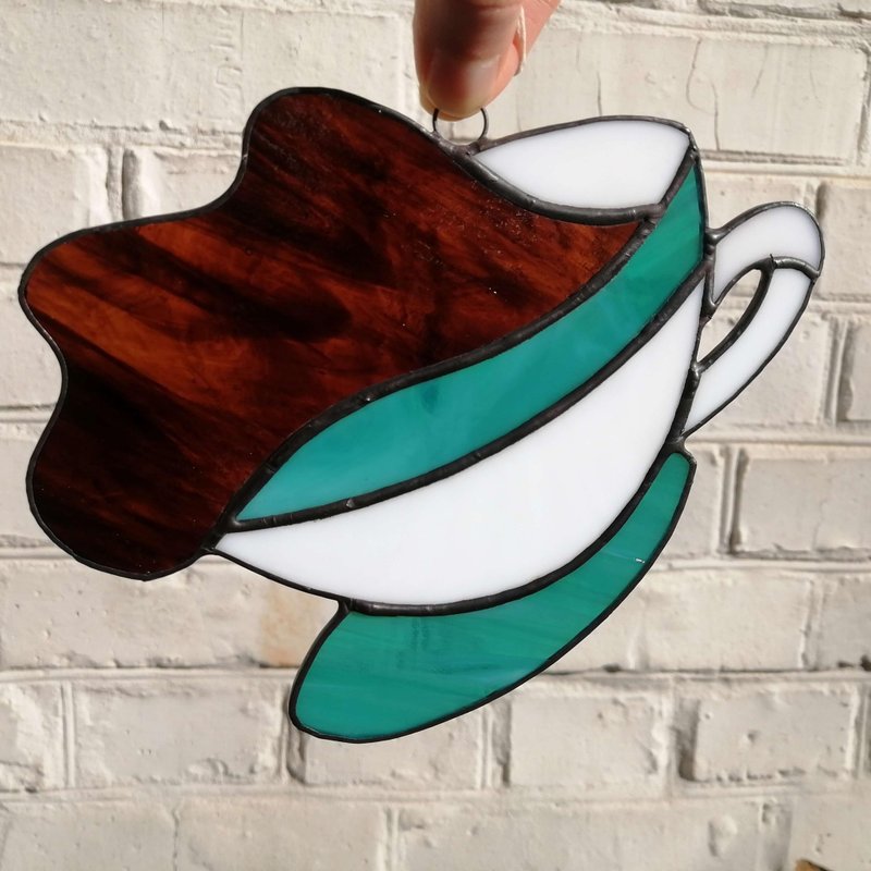 Teal Coffee Cup Stained Glass Suncatcher Window Hanging, Kitchen Wall Art Decor - 壁貼/牆壁裝飾 - 玻璃 多色