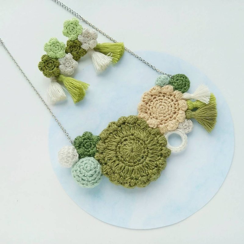 Greenish Crochet Floral Necklace (not including earrings) - Chokers - Cotton & Hemp Green