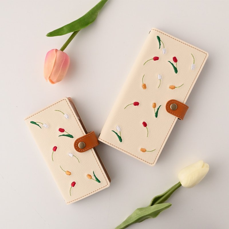 全機種対応 スマホケース 手帳型 【 刺繍 チューリップ 】 春 花 レザー iPhone Android A144I - 手機殼/手機套 - 真皮 白色