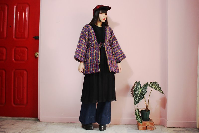 [日本製和服](Vintage)日本帶回深藍色格紋鋪棉和服（はんてん） - 外套/大衣 - 棉．麻 藍色