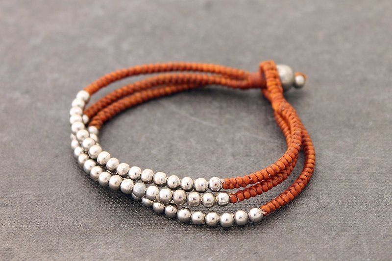 Rust Brown 3 Strand Silver Bracelets Woven Beads Bohemian - สร้อยข้อมือ - โลหะ สีส้ม