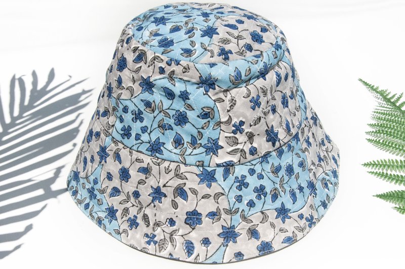 Fisherman hat, double-sided woodcut print hat, cotton hat, woven hat, sun hat, hiking hat, pumpkin hat - blue flower - หมวก - ผ้าฝ้าย/ผ้าลินิน หลากหลายสี