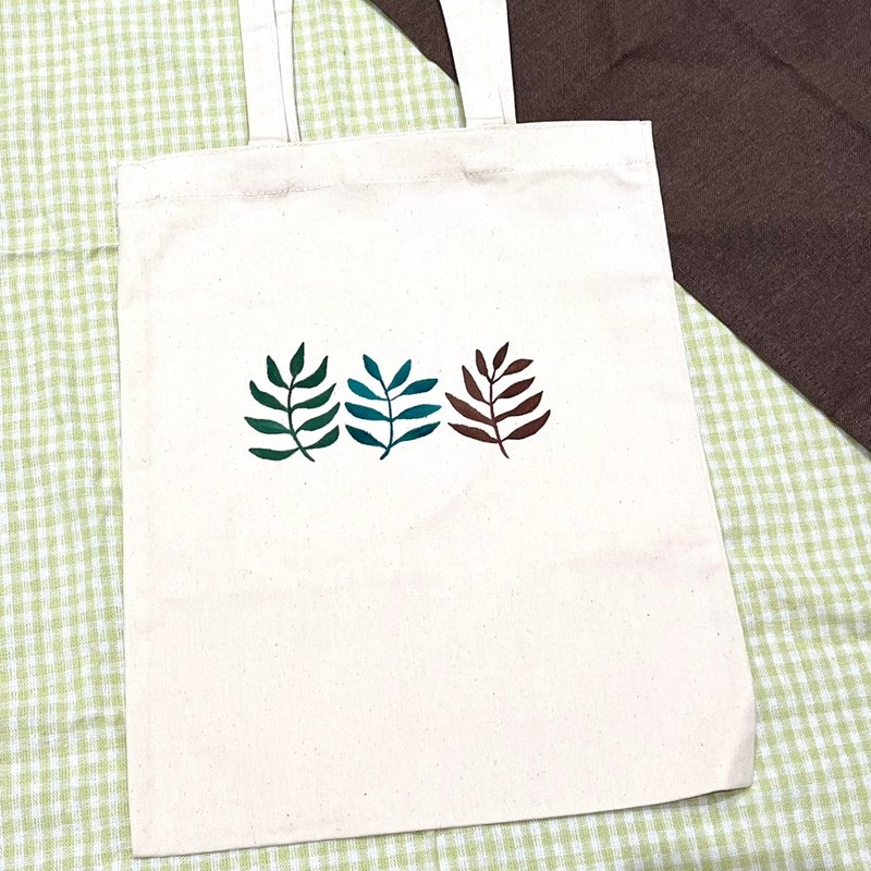 Hand-painted Canvas Tote Bag - Three Leaves - Handbags & Totes - Cotton & Hemp Green