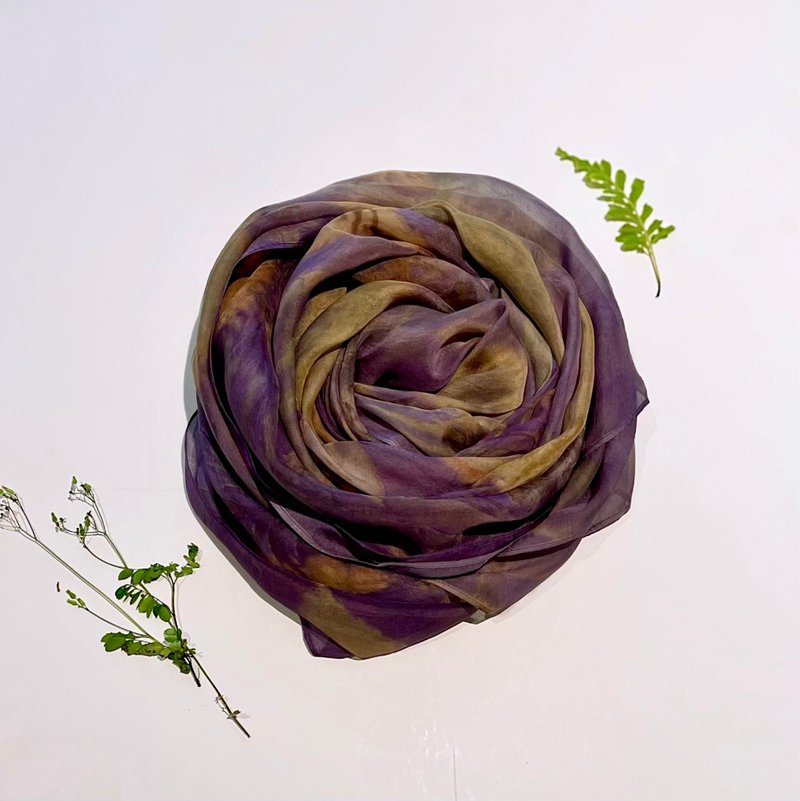 Floral and Leaf Transfer Printed Long Silk Scarf - The hibiscus - ผ้าพันคอ - ผ้าไหม สีม่วง