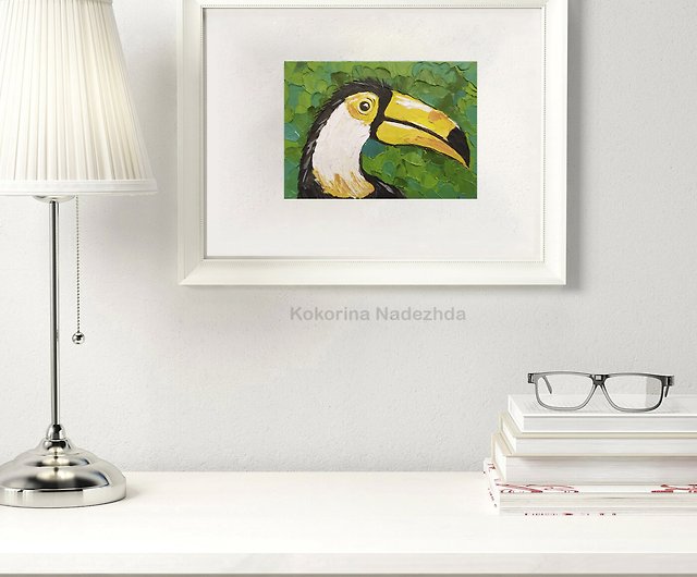 絵画オオハシミニチュアアート油絵動物鳥オリジナルアートアートワーク 