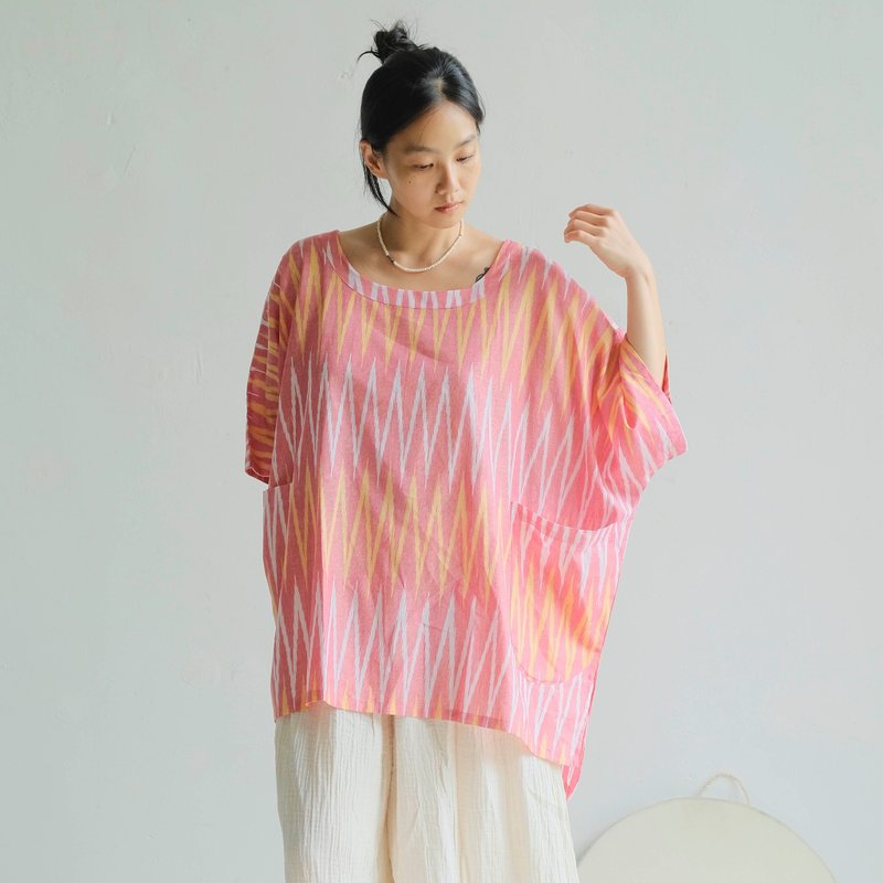 寬版大口袋上衣 / Ikat 甜橙蜜桃 - 女上衣/長袖上衣 - 棉．麻 橘色