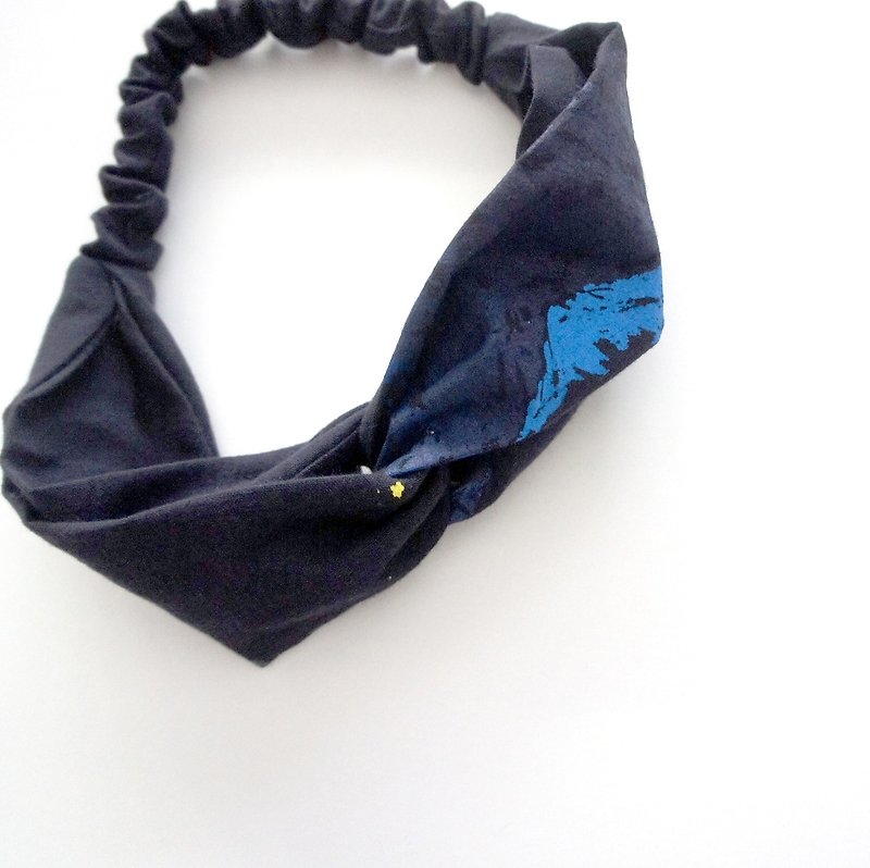 Deep sea light handmade silk print headband - เครื่องประดับผม - ผ้าฝ้าย/ผ้าลินิน สีน้ำเงิน