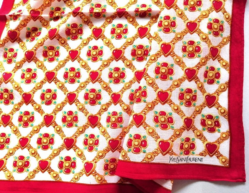 Yves Saint Laurent Vintage Handkerchief Jewelry Heart Flower 18.5 x 18.5 inches - 手帕 - 棉．麻 紅色