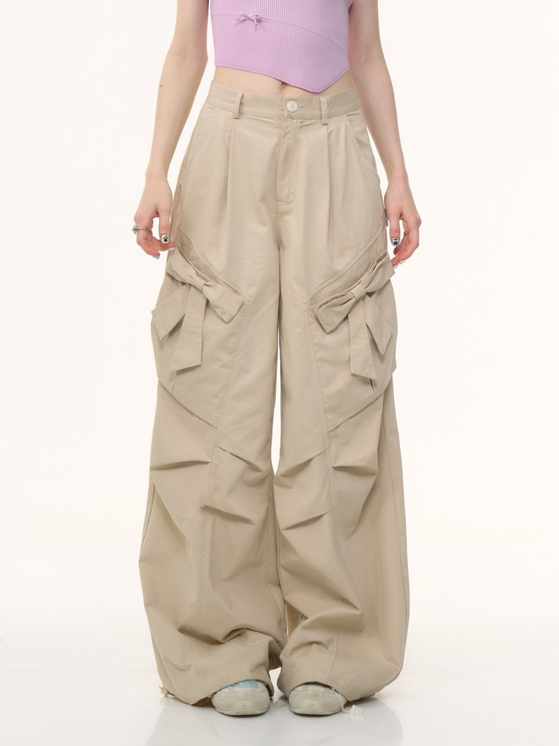 ziziFei夏新款美式復古高腰顯瘦蝴蝶結卡其色直筒闊腿休閒長褲女 - 女長褲 - 其他材質 卡其色