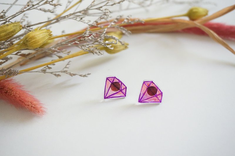 手繪-Diamond鑽石耳環/對 - 耳環/耳夾 - 樹脂 粉紅色