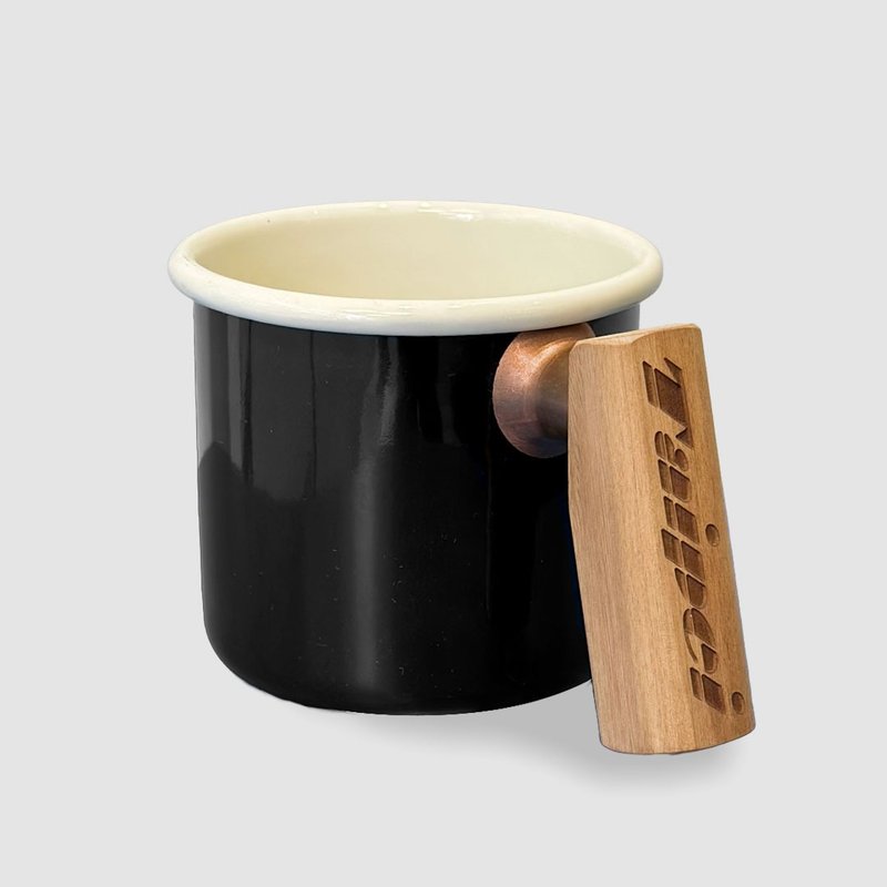 Truvii 檜木把手雙色琺瑯杯 露營杯 - 經典黑 - 杯子 - 琺瑯 黑色