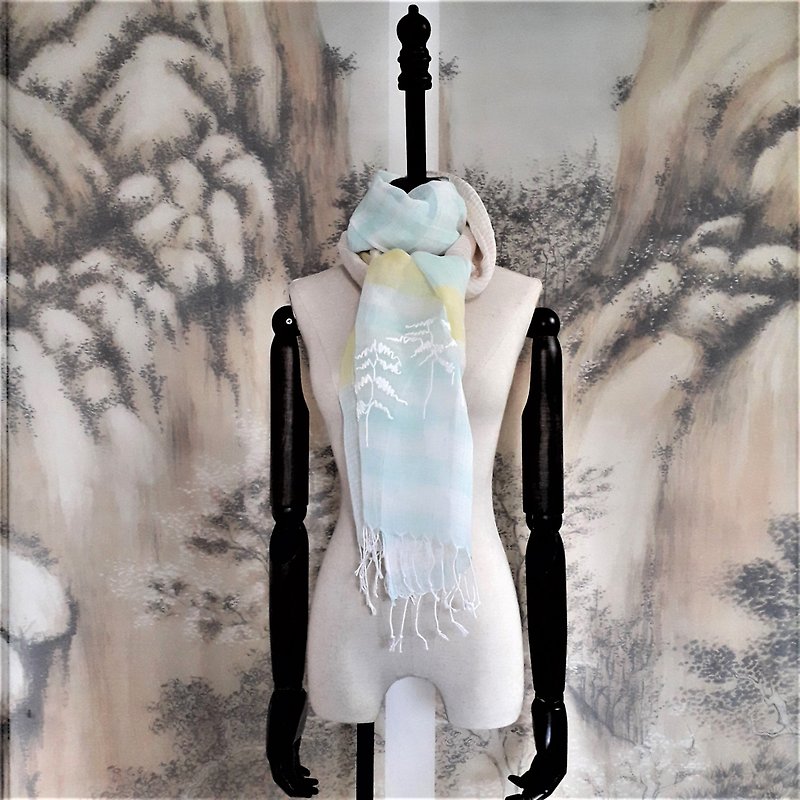 All seasons straw embroidery cotton linen scarf - ผ้าพันคอถัก - ลินิน สีเหลือง