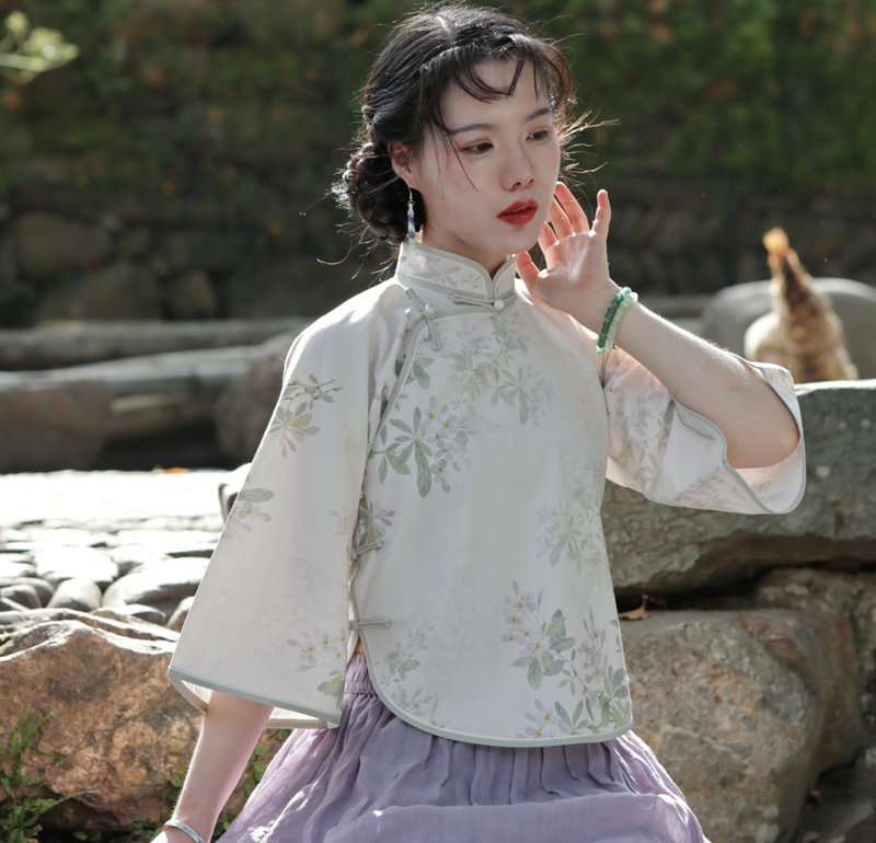 【風薰日暖】民國復古風 印花純棉倒大袖上衣/苧麻半身裙 - 女上衣/長袖上衣 - 棉．麻 多色