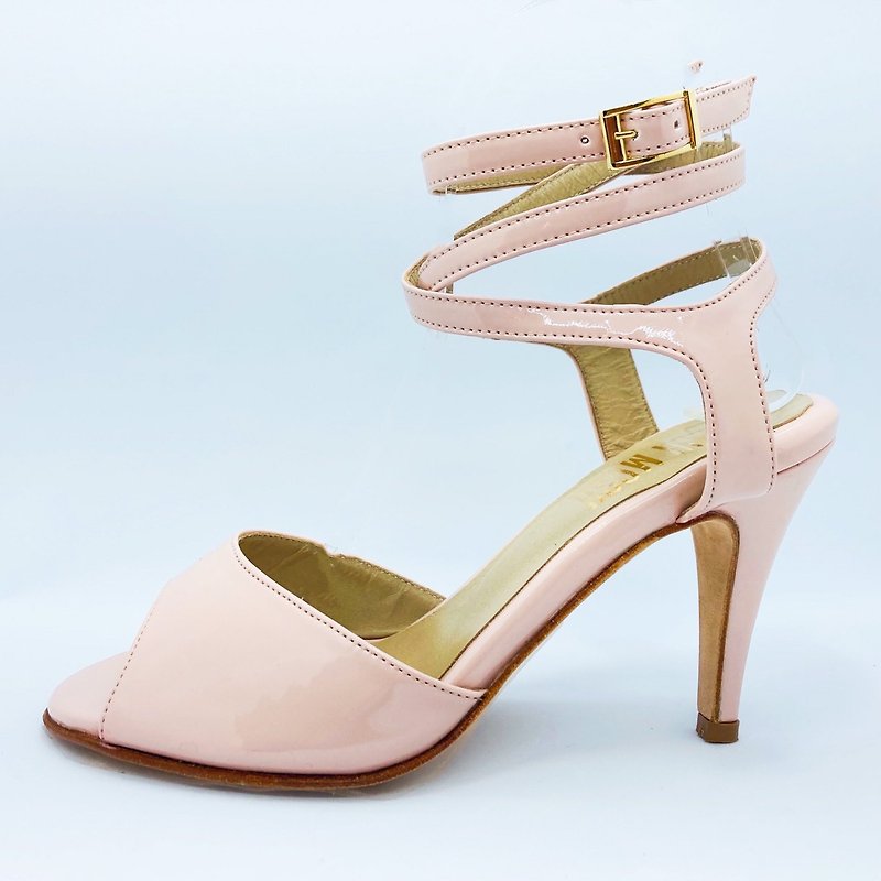 Dinara Rosada Double Cross Pink Patent Leather Sandals - รองเท้าส้นสูง - หนังแท้ สึชมพู