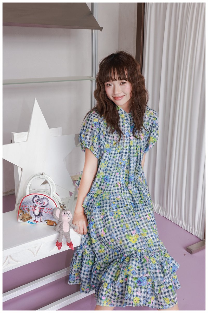 黑白格紋碎花印花套裝襯衣 - 女上衣/長袖上衣 - 其他材質 多色
