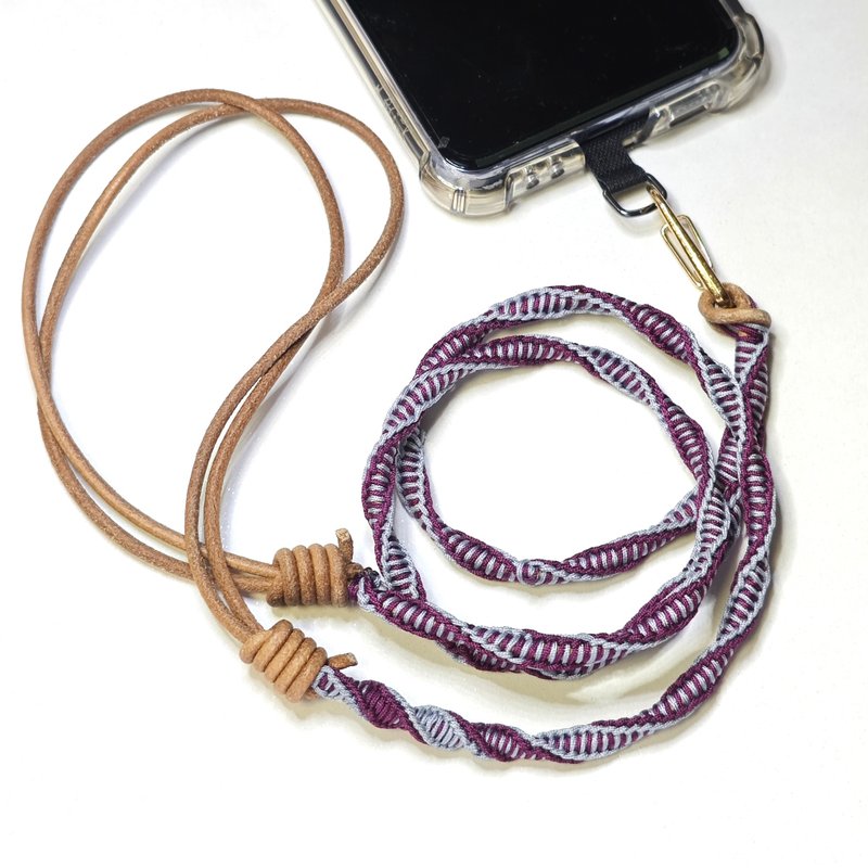 Custom_Eggplant purple with gray mobile rope, adjustable neck/rope dual-use-1 - เชือก/สายคล้อง - หนังแท้ สีเทา