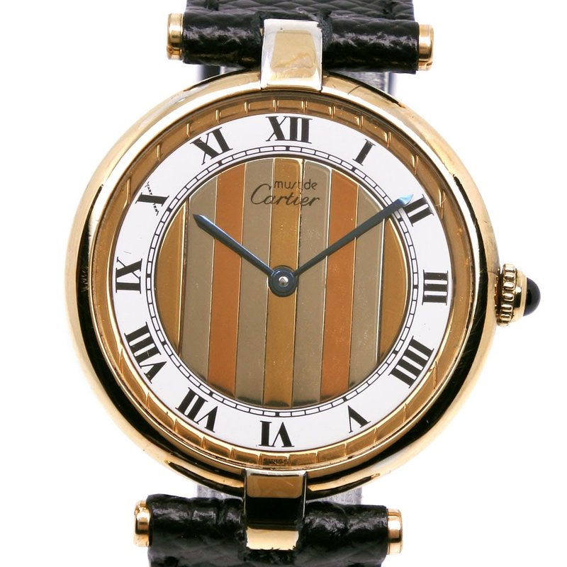【日本直送】カルティエ CARTIER マストヴァンドームLM 腕時計 590003 クオーツ SV925×型押しレザー トリニティ文字盤 白 メンズ【中古】 - 女錶 - 銀 金色