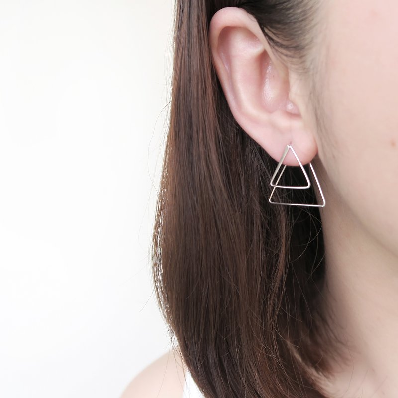 925 Silver Classic Geometric Double Layer - Square、Round、Triangle Ear Earrings - Earrings & Clip-ons - Sterling Silver Gray