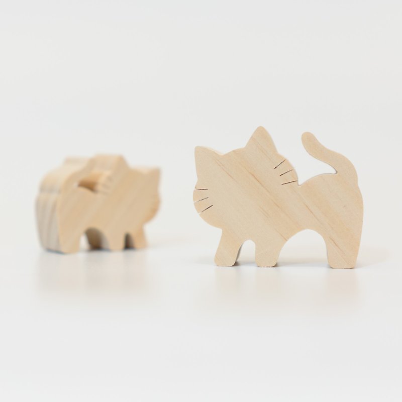 wagaZOO thick-cut building blocks farm series-lazy cat, beckoning cat - Items for Display - Wood Khaki
