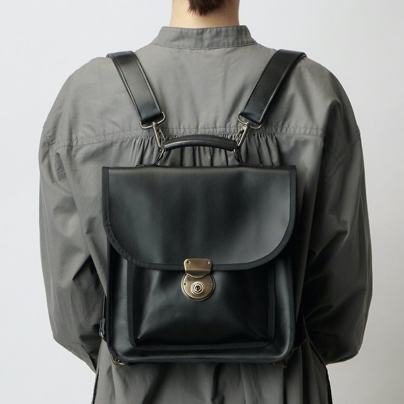 [olden square black] backpack/shoulder bag/2way/laminated canvas/handle leather/simple/classic/student bag - Messenger Bags & Sling Bags - Cotton & Hemp Black