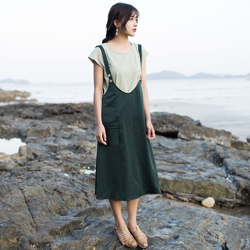 安妮陳2017夏裝新款女士側邊口袋條紋背帶裙洋裝 - 連身裙 - 棉．麻 綠色