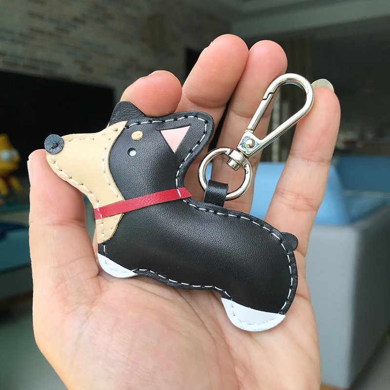 Black Koki dog hand-stitched leather keychain small size - ที่ห้อยกุญแจ - หนังแท้ สีดำ