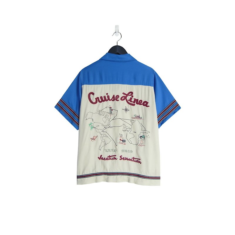 A‧PRANK :DOLLY :: Beige Blue Map Embroidery Bowling Shirt (T807038) - Men's Shirts - Cotton & Hemp White