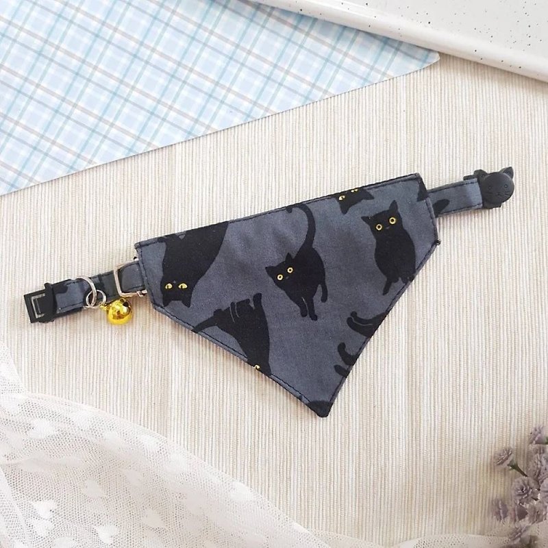 Black cat style Bandana Cat Collar with Breakaway Safety Buckle for cat and dog - 項圈/牽繩 - 棉．麻 黑色
