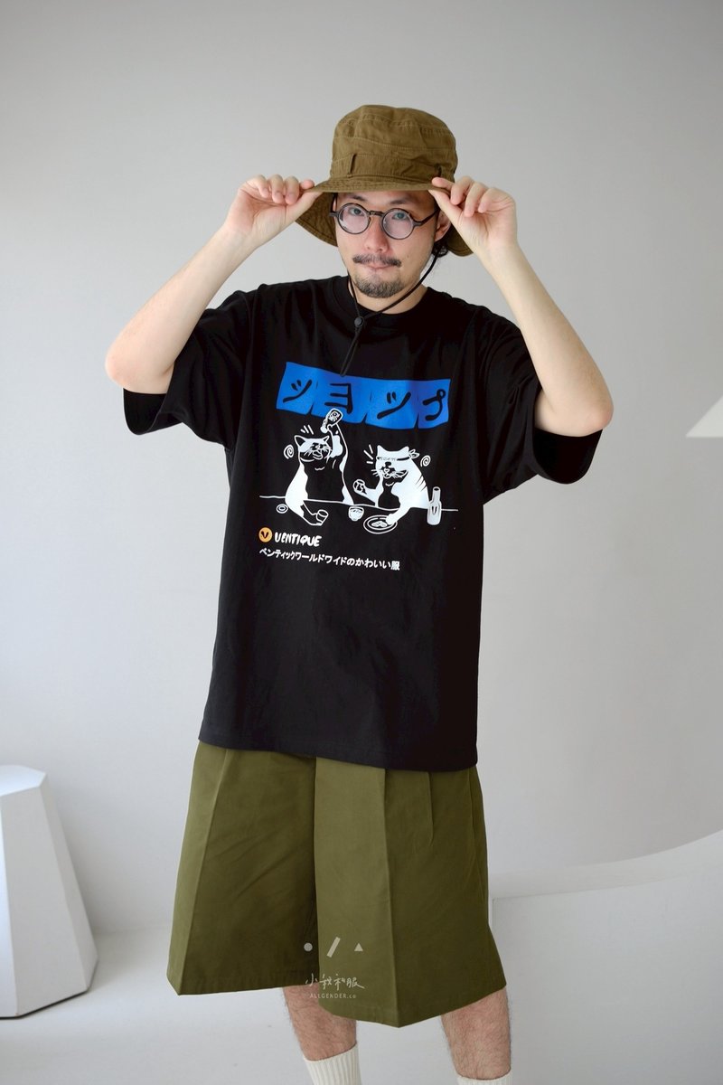 宿醉貓咪寬鬆TEE - 2色 - 貓咪黑 - 男 T 恤 - 棉．麻 黑色