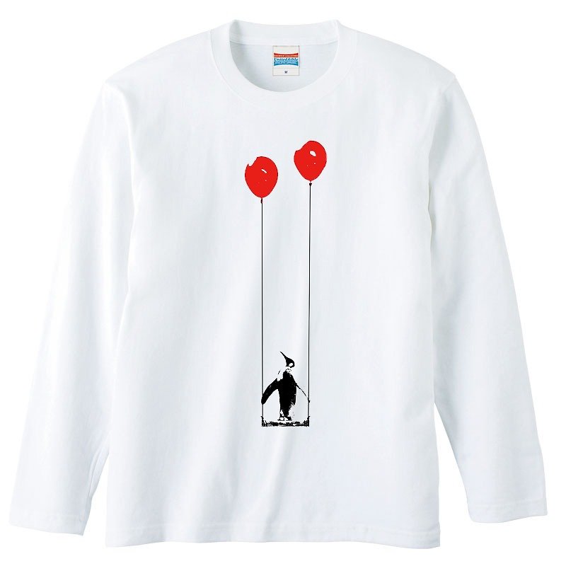 Long-sleeved T-shirt / Penguins, balloons and swings - เสื้อยืดผู้ชาย - ผ้าฝ้าย/ผ้าลินิน ขาว