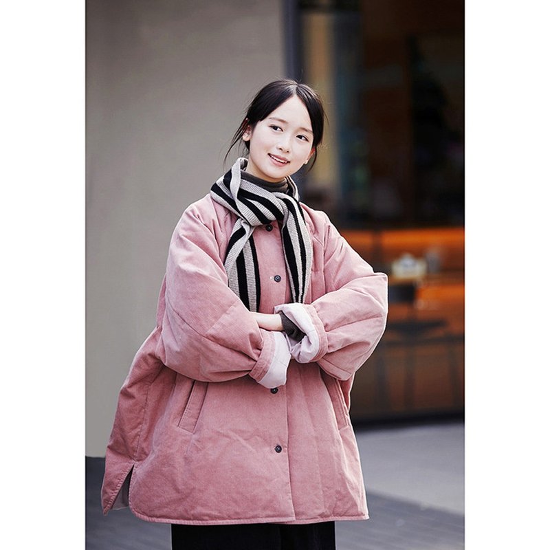 Sakura pink warm loose lapel shirt-style down jacket - Women's Tops - Cotton & Hemp 