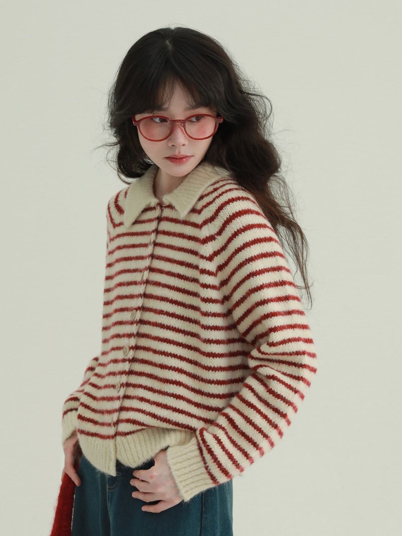 紅色 草莓千層 條紋翻領毛衣 甜美風軟糯秋冬針織開衫上衣 - 女毛衣/針織衫 - 其他人造纖維 紅色