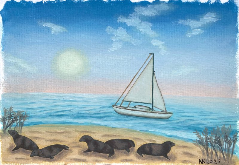 Seal Beach oil painting, sea illustration, home interior, animal, yacht, ocean - Wall Décor - Other Materials Blue