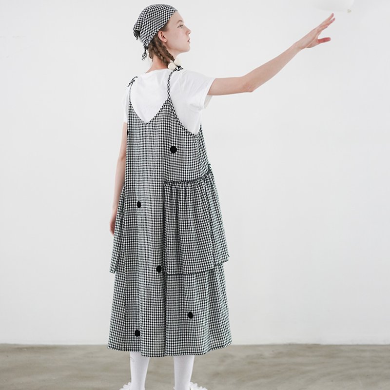 Grey Check Strapless Sling Dress One-piece Dress - One Piece Dresses - Cotton & Hemp Gray