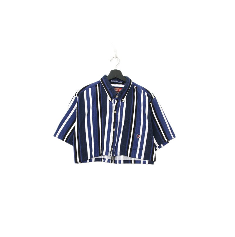 Back to Green-再製條紋短板襯衫 深藍白ds-16//vintage shirt - 女襯衫 - 棉．麻 