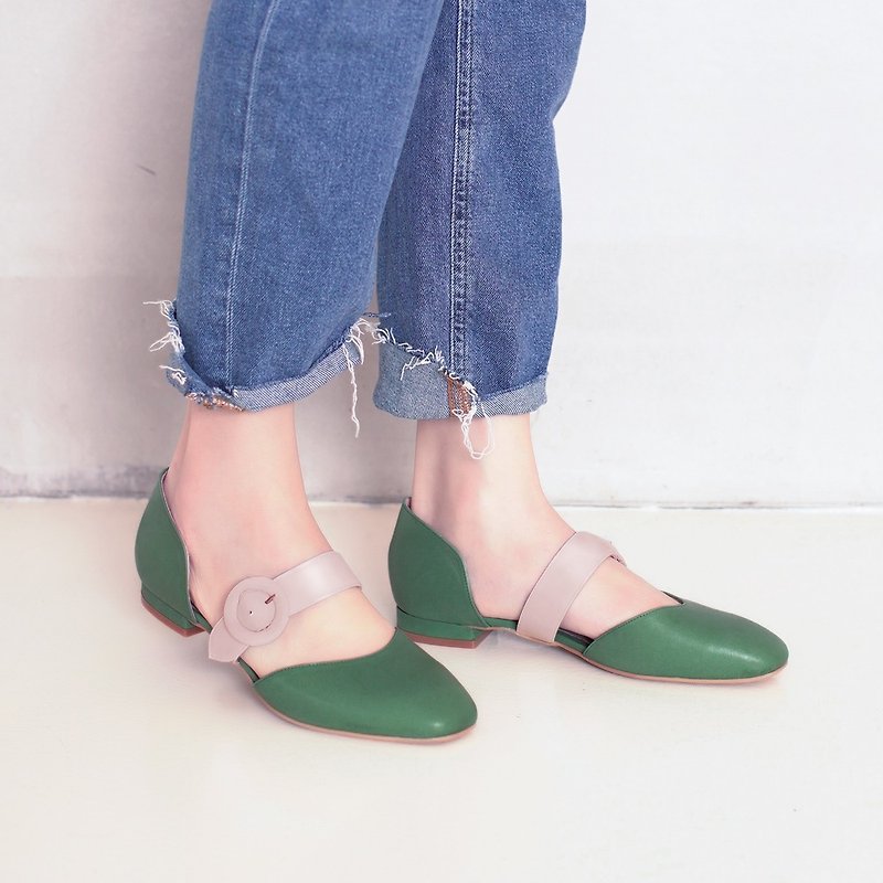 Biscuit small round buckle! Two-tone lace-up small square-toe loafers Green full leather MIT-Matcha×M - Women's Leather Shoes - Genuine Leather White