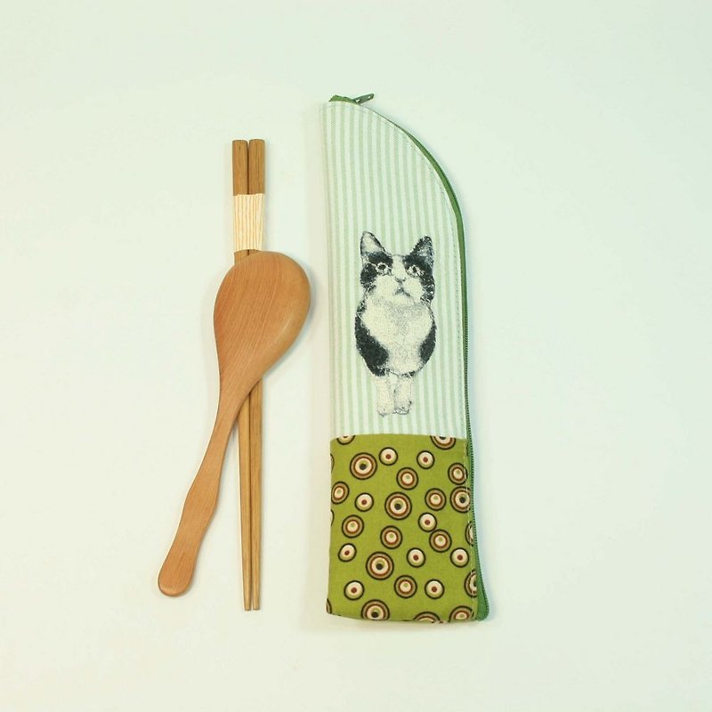 Embroidery Chopsticks Bag 04-Cat - ตะเกียบ - ผ้าฝ้าย/ผ้าลินิน สีเขียว