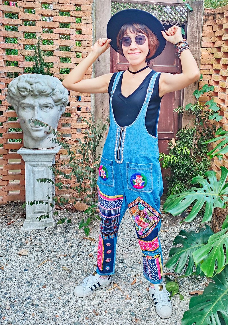 Denim  overalls with embroidery tribal, handwoven fabric - Other - Thread 