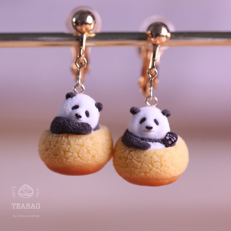 Tea bag TEABAG cute panda puff earrings ear clip earrings gift handmade - Earrings & Clip-ons - Resin 