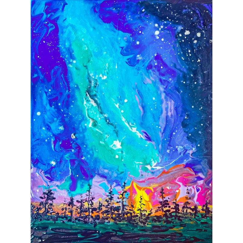Northern Lights Painting Galaxy Original Art Canvas Art Fluid Artwork Pine Tree - Wall Décor - Other Materials Multicolor