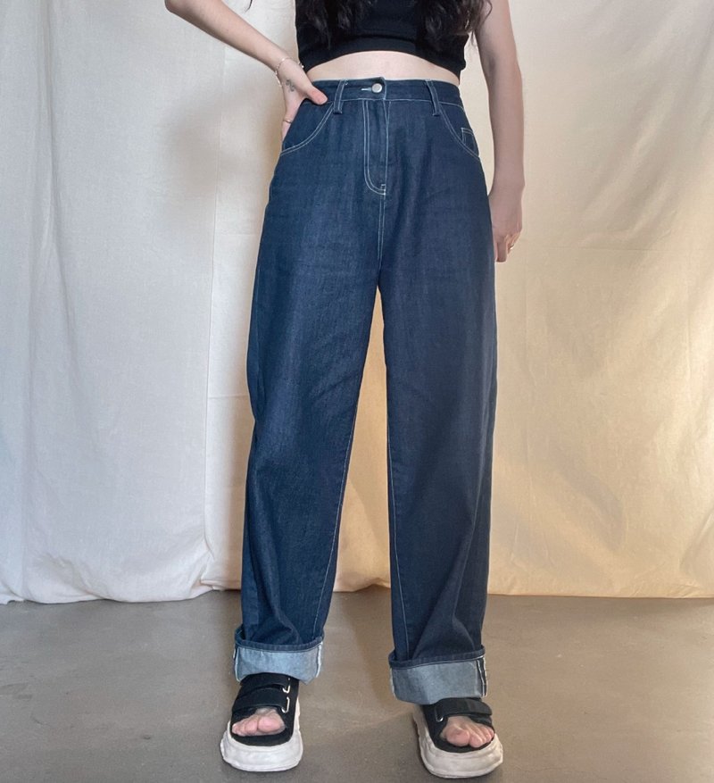 Vintage green washed original color straight jeans - กางเกงขายาว - ผ้าฝ้าย/ผ้าลินิน สีน้ำเงิน