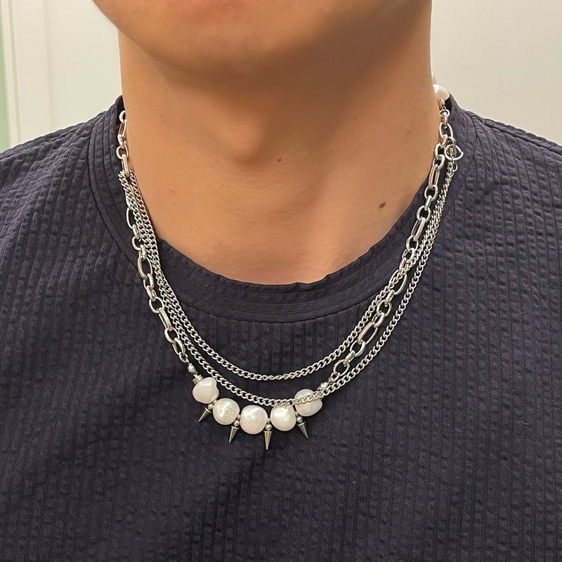 巴洛克大石珍珠尖錐鈦鋼項鍊 雙層疊戴 天然淡水珍珠 男潮 - 項鍊 - 珍珠 