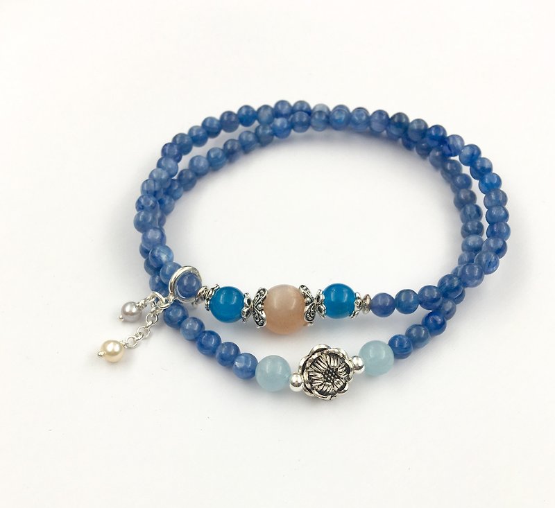 Kyanite Double Circle Bracelet - with Moonstone, Apatite, Seawater Sapphire - Bracelets - Gemstone Blue