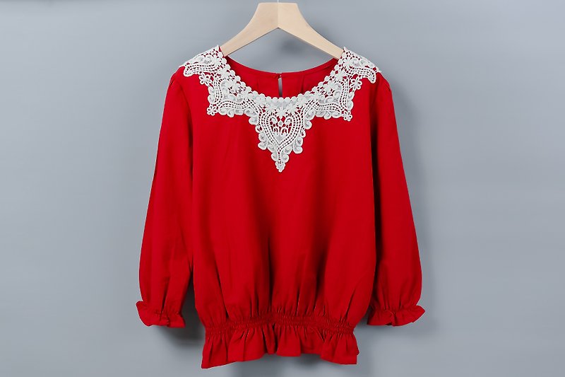 ローズ赤い綿のツイストスリーブのシャツは、無毒の母親の大人のコート綿とリネンを手作り - 親子お揃いウェア - コットン・麻 レッド