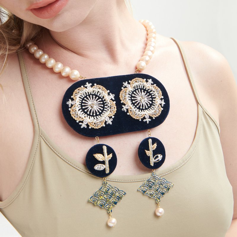 Thai embroidery necklace collection FLOWER TREE & WATER with natural pearls - Necklaces - Thread Blue