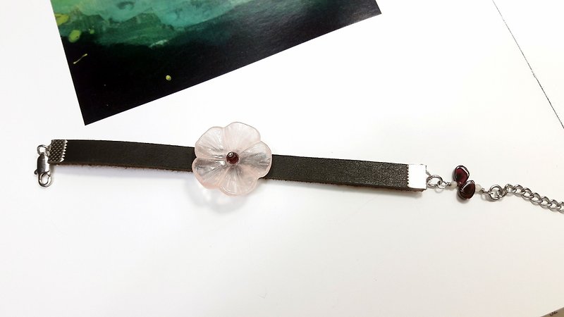 ◎ petals rose quartz bracelet Garnet red leather wristband * - Bracelets - Genuine Leather Black