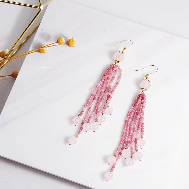 Natural Taiwan Hualien rose stone powder crystal Gemstone elegant tassel earrings lucky energy - Earrings & Clip-ons - Gemstone Pink