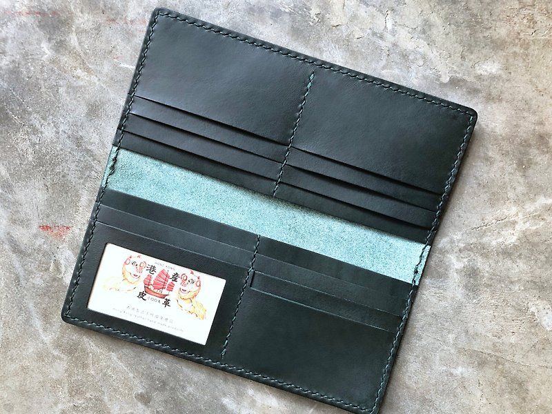 10 card slots, photo clip, well-stitched leather material bag, free lettering, Italian vegetable tanned long wallet - เครื่องหนัง - หนังแท้ สีเขียว